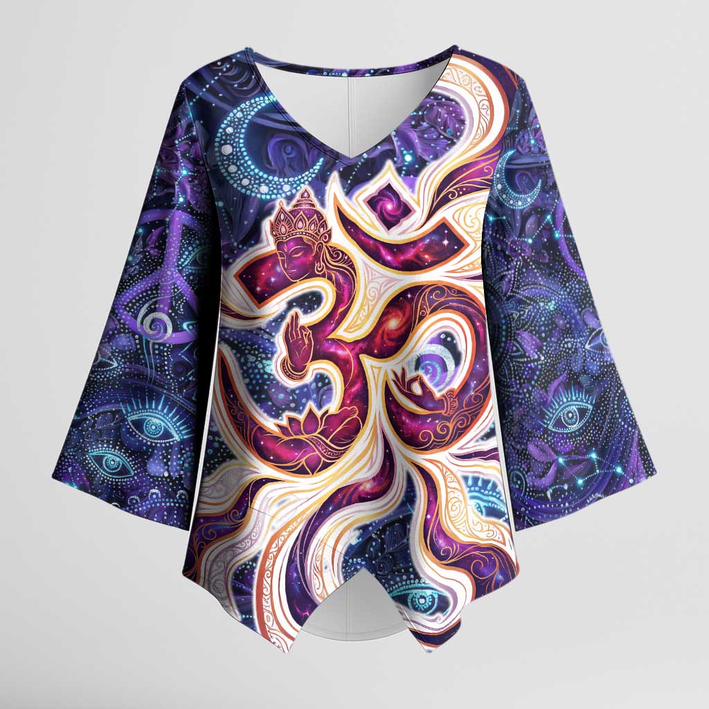 Universal Connection Zodiac Kimono Sleeve Blouse Cosmic Eye and Sacred Om Vibration