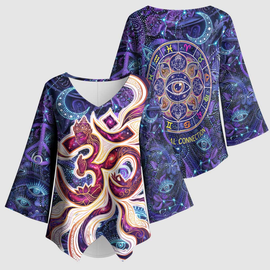 Universal Connection Zodiac Kimono Sleeve Blouse Cosmic Eye and Sacred Om Vibration