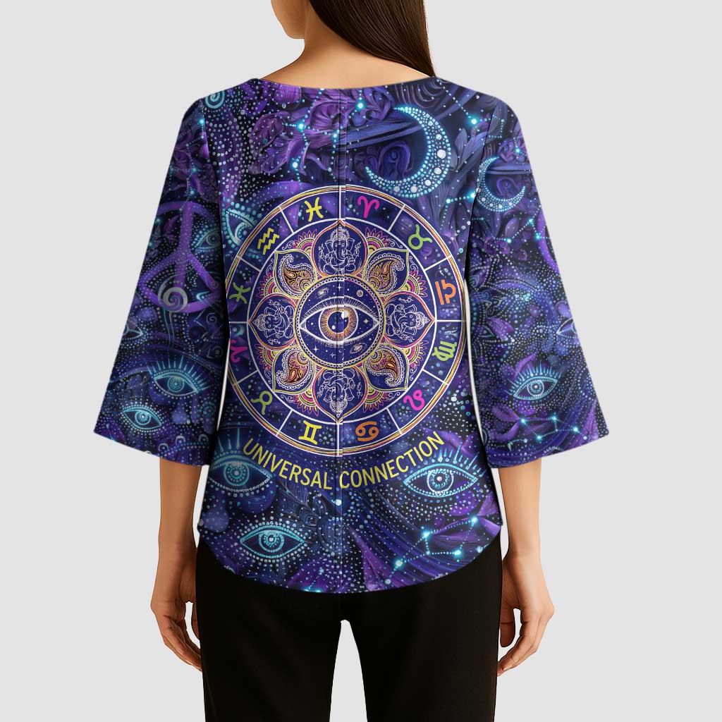 Universal Connection Zodiac Kimono Sleeve Blouse Cosmic Eye and Sacred Om Vibration