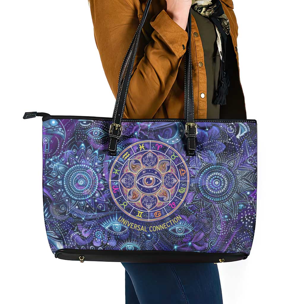 Universal Connection Zodiac Leather Tote Bag Cosmic Eye and Sacred Om Vibration