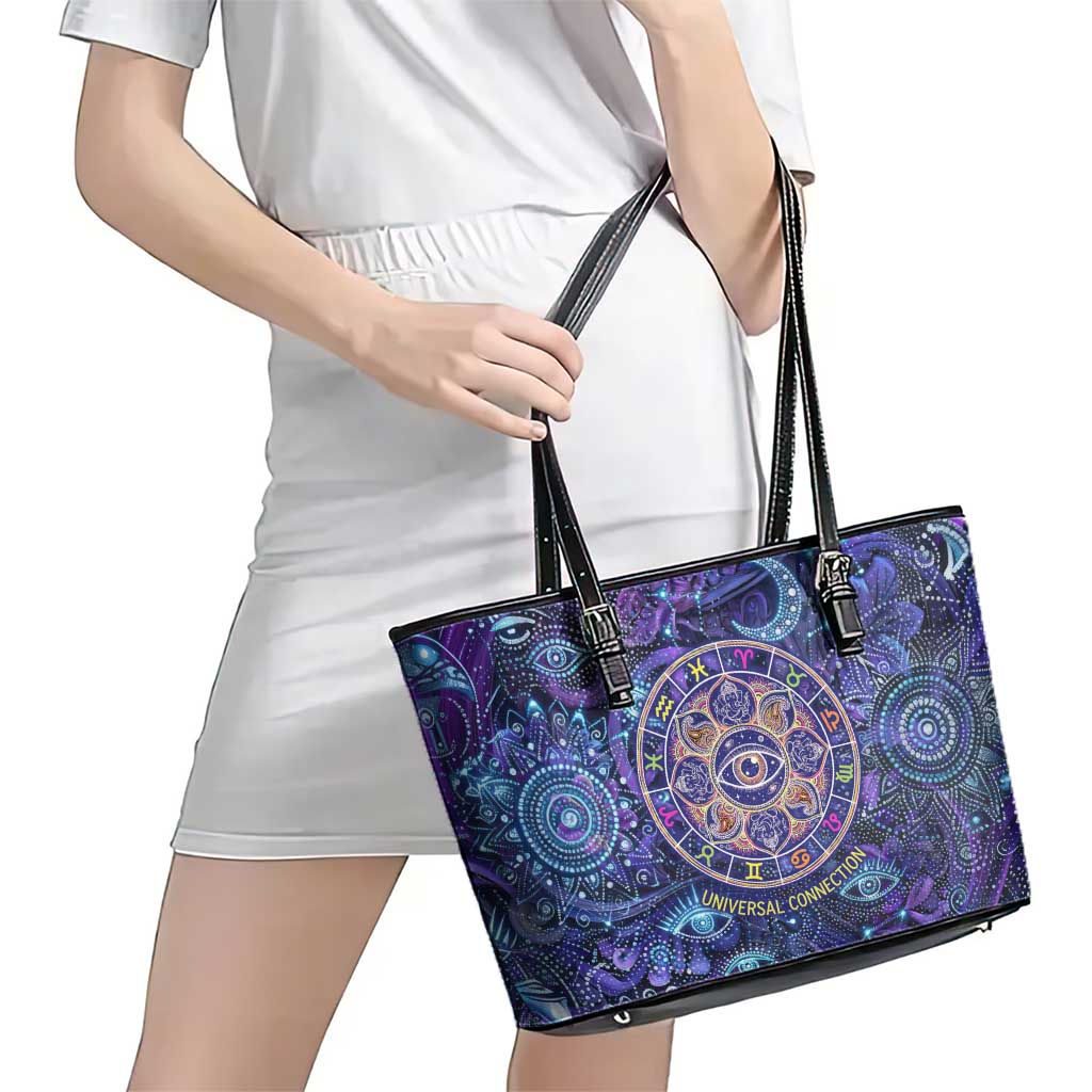 Universal Connection Zodiac Leather Tote Bag Cosmic Eye and Sacred Om Vibration