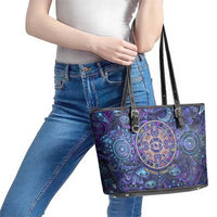 Universal Connection Zodiac Leather Tote Bag Cosmic Eye and Sacred Om Vibration