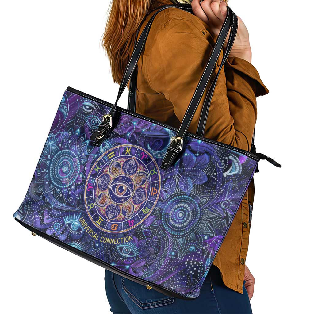 Universal Connection Zodiac Leather Tote Bag Cosmic Eye and Sacred Om Vibration