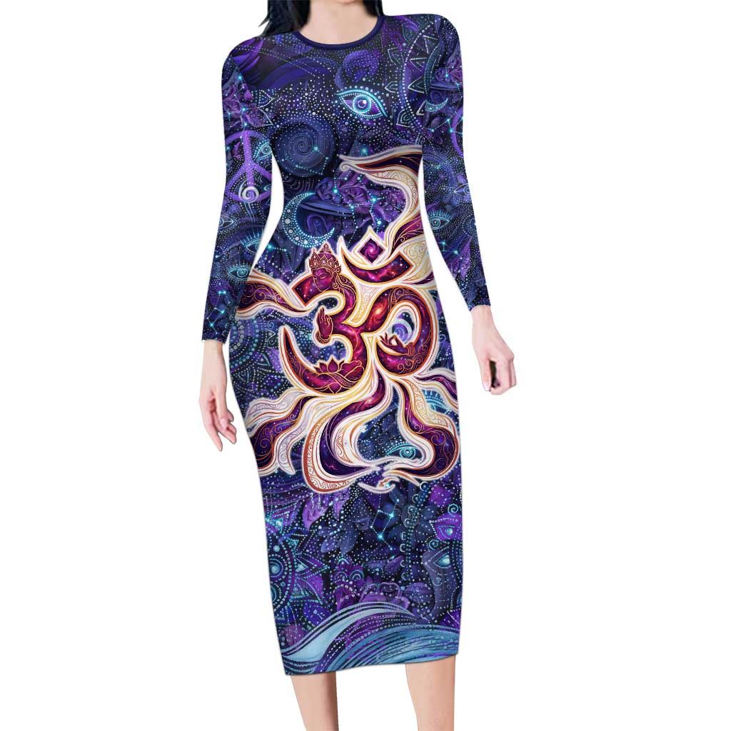 Universal Connection Zodiac Long Sleeve Bodycon Dress Cosmic Eye and Sacred Om Vibration