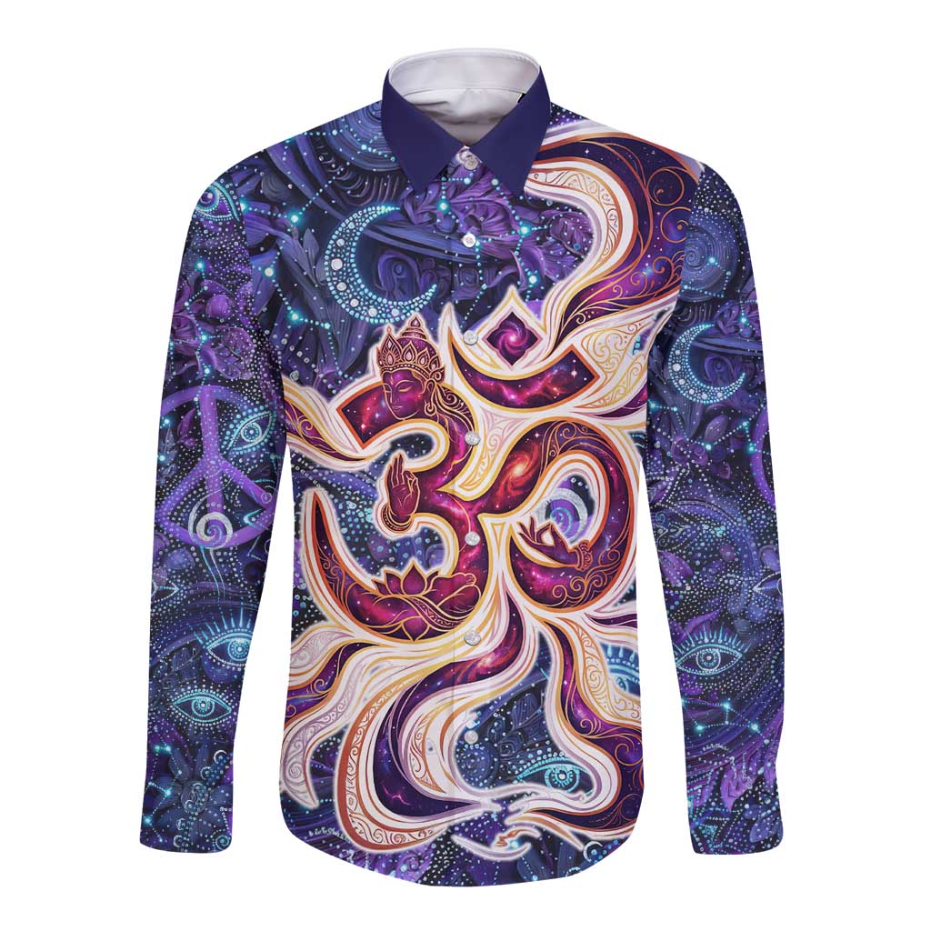 Universal Connection Zodiac Long Sleeve Button Shirt Cosmic Eye and Sacred Om Vibration