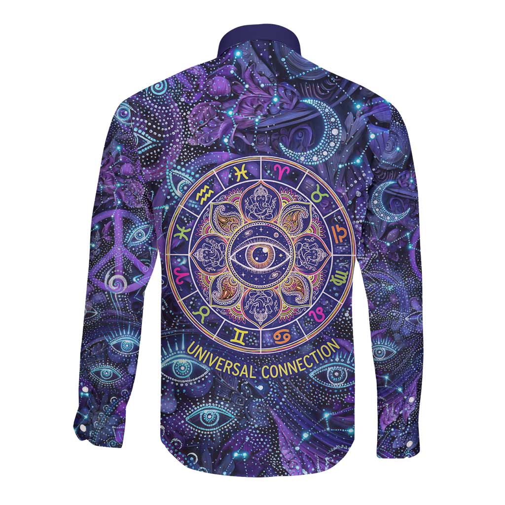 Universal Connection Zodiac Long Sleeve Button Shirt Cosmic Eye and Sacred Om Vibration
