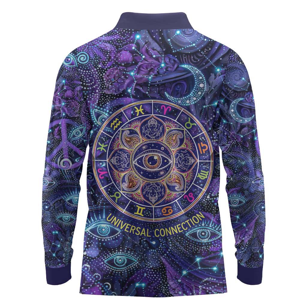 Universal Connection Zodiac Long Sleeve Polo Shirt Cosmic Eye and Sacred Om Vibration