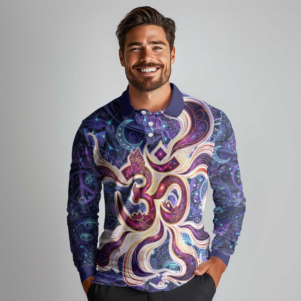 Universal Connection Zodiac Long Sleeve Polo Shirt Cosmic Eye and Sacred Om Vibration