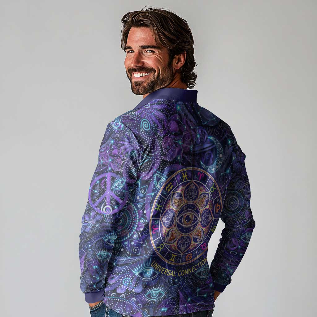 Universal Connection Zodiac Long Sleeve Polo Shirt Cosmic Eye and Sacred Om Vibration