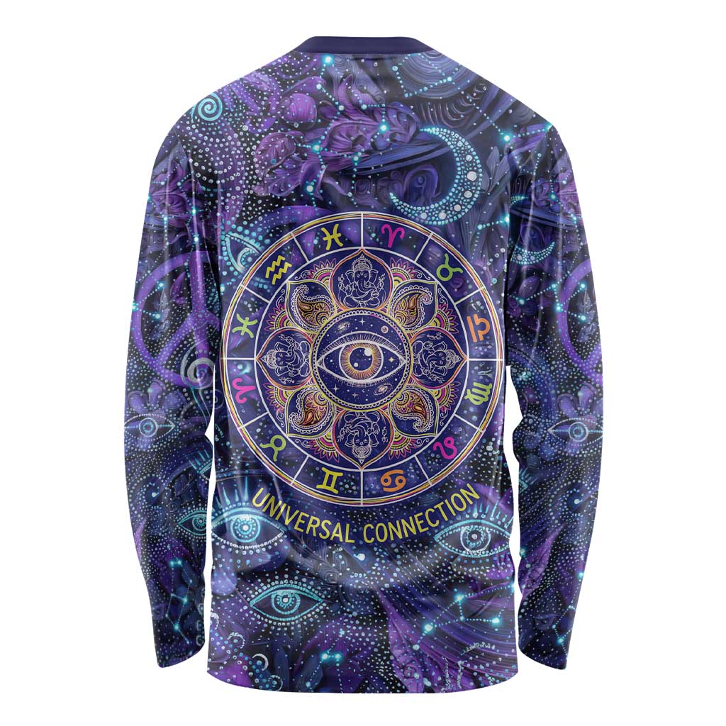 Universal Connection Zodiac Long Sleeve Shirt Cosmic Eye and Sacred Om Vibration