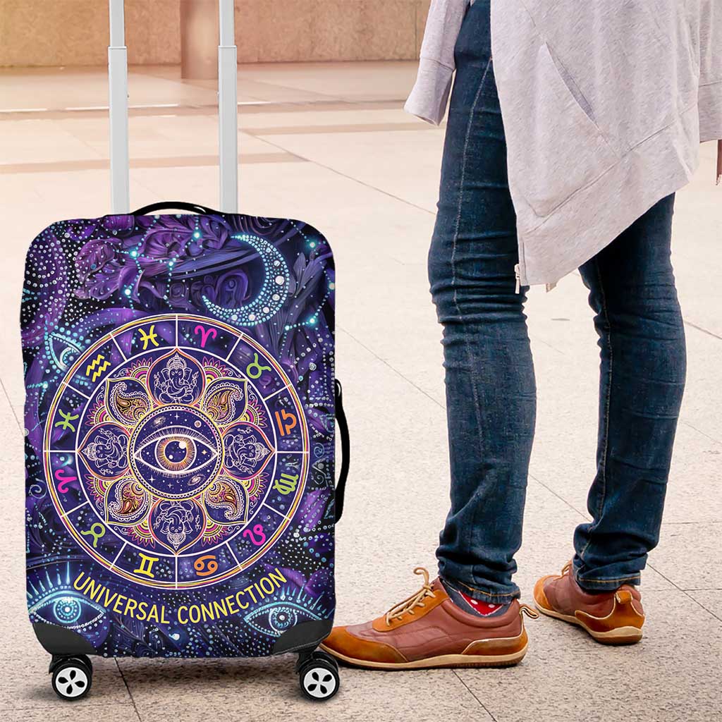 Universal Connection Zodiac Luggage Cover Cosmic Eye and Sacred Om Vibration