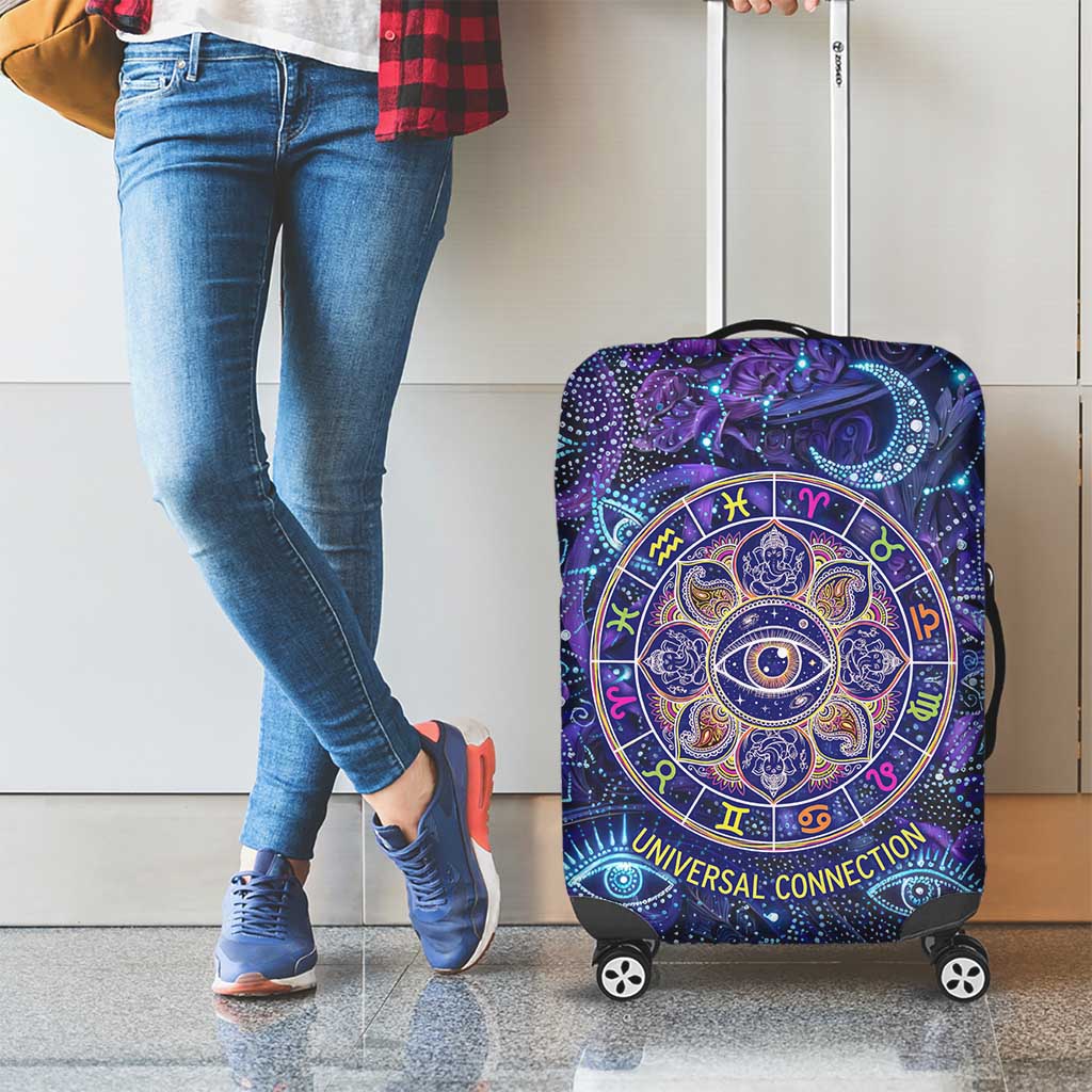 Universal Connection Zodiac Luggage Cover Cosmic Eye and Sacred Om Vibration