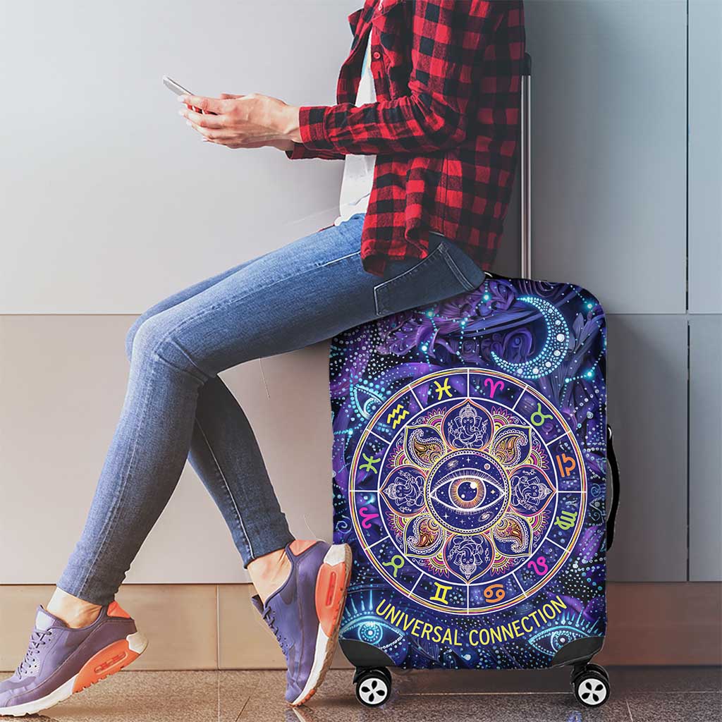 Universal Connection Zodiac Luggage Cover Cosmic Eye and Sacred Om Vibration