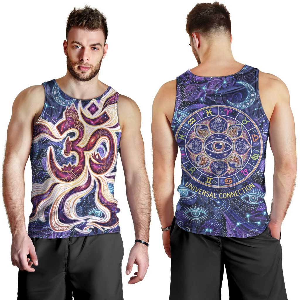 Universal Connection Zodiac Men Tank Top Cosmic Eye and Sacred Om Vibration