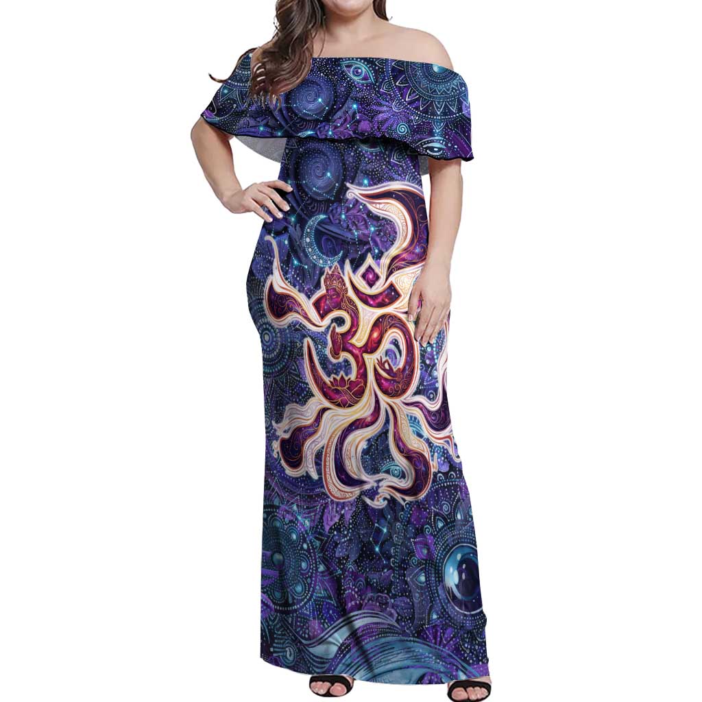 Universal Connection Zodiac Off Shoulder Maxi Dress Cosmic Eye and Sacred Om Vibration