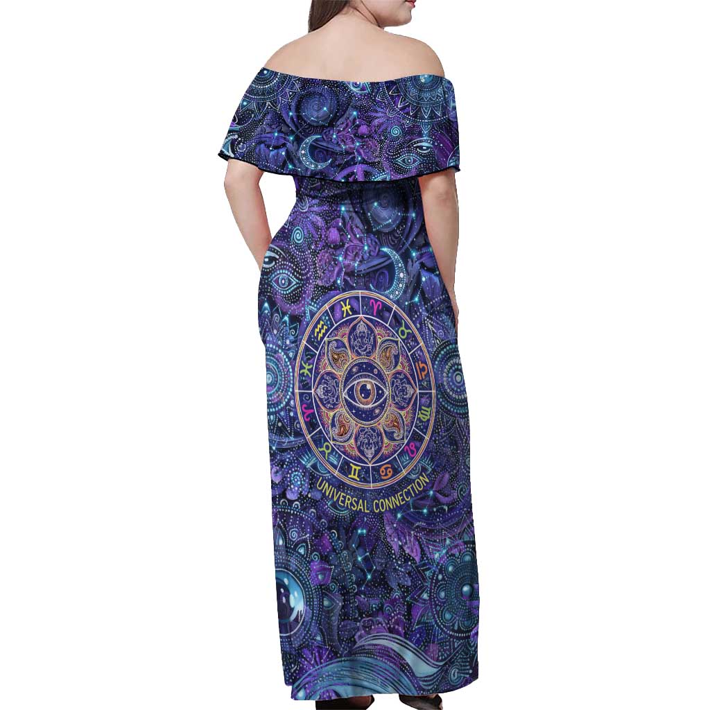 Universal Connection Zodiac Off Shoulder Maxi Dress Cosmic Eye and Sacred Om Vibration