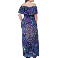 Universal Connection Zodiac Off Shoulder Maxi Dress Cosmic Eye and Sacred Om Vibration