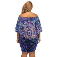Universal Connection Zodiac Off Shoulder Short Dress Cosmic Eye and Sacred Om Vibration