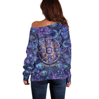 Universal Connection Zodiac Off Shoulder Sweater Cosmic Eye and Sacred Om Vibration