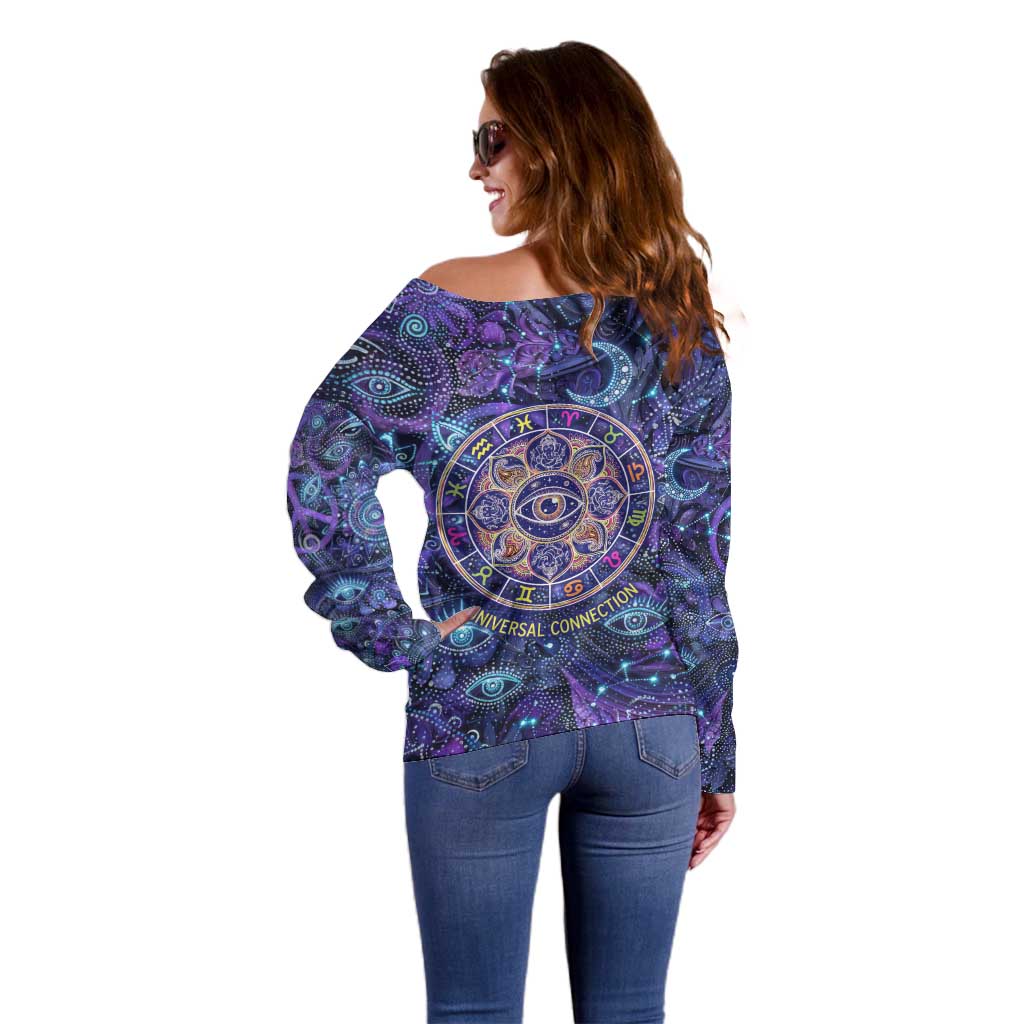 Universal Connection Zodiac Off Shoulder Sweater Cosmic Eye and Sacred Om Vibration