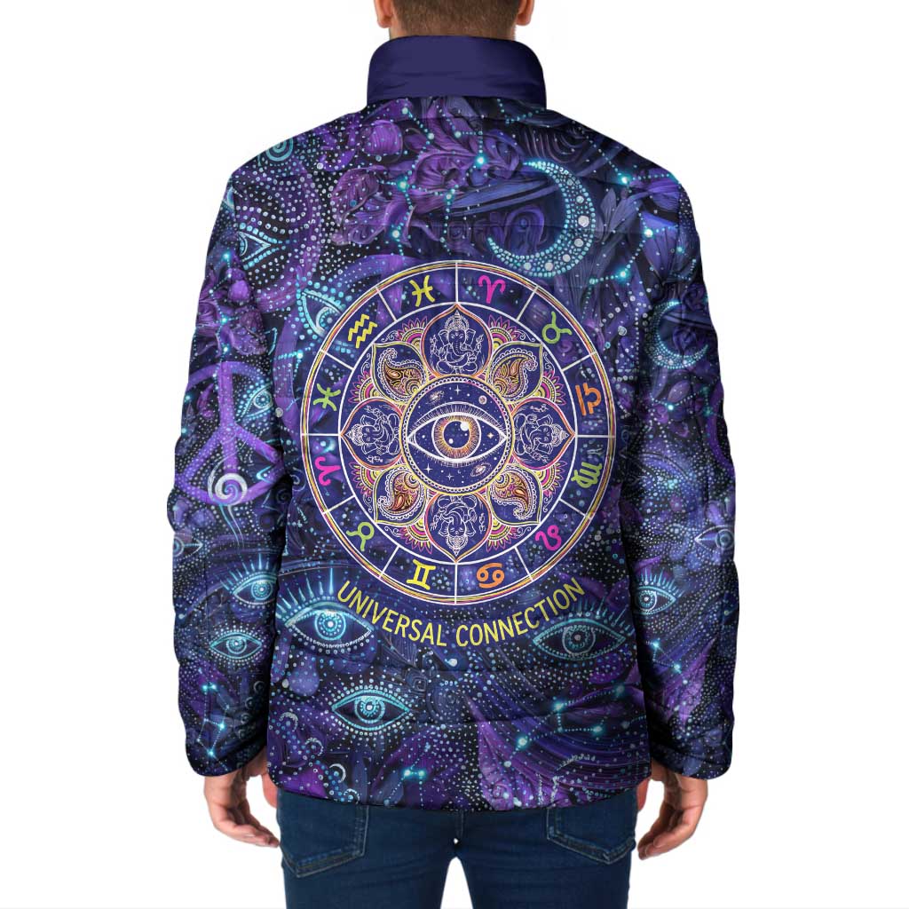 Universal Connection Zodiac Padded Jacket Cosmic Eye and Sacred Om Vibration