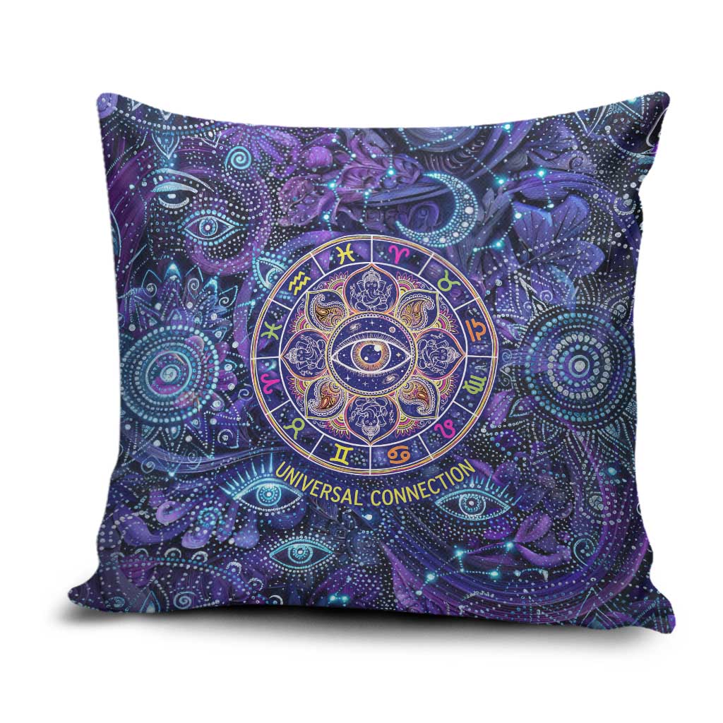 Universal Connection Zodiac Pillow Cover Cosmic Eye and Sacred Om Vibration