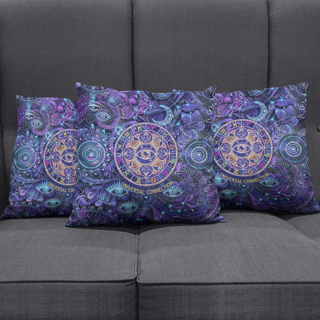 Universal Connection Zodiac Pillow Cover Cosmic Eye and Sacred Om Vibration