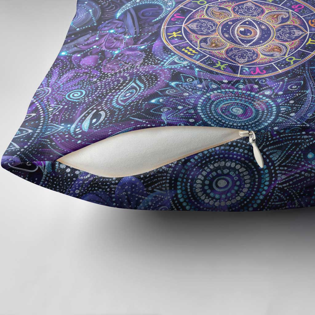Universal Connection Zodiac Pillow Cover Cosmic Eye and Sacred Om Vibration