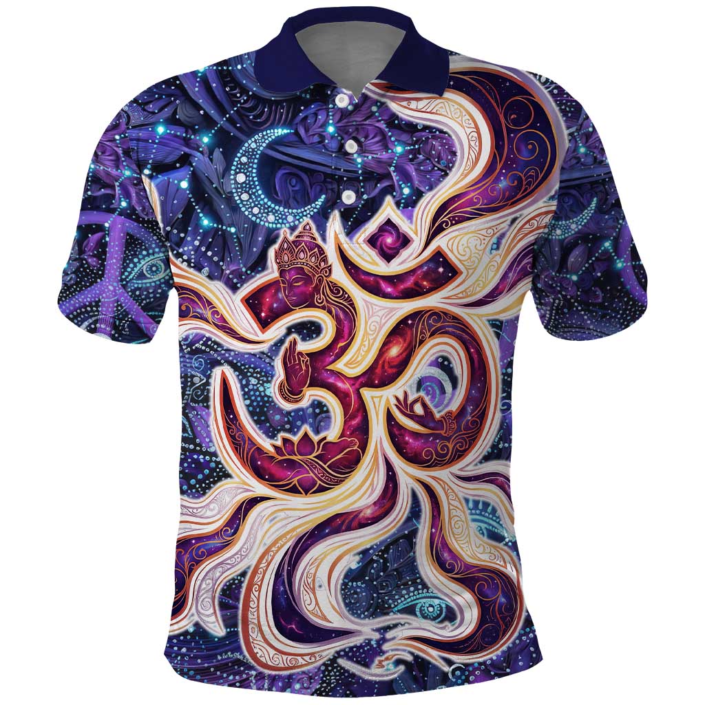 Universal Connection Zodiac Polo Shirt Cosmic Eye and Sacred Om Vibration