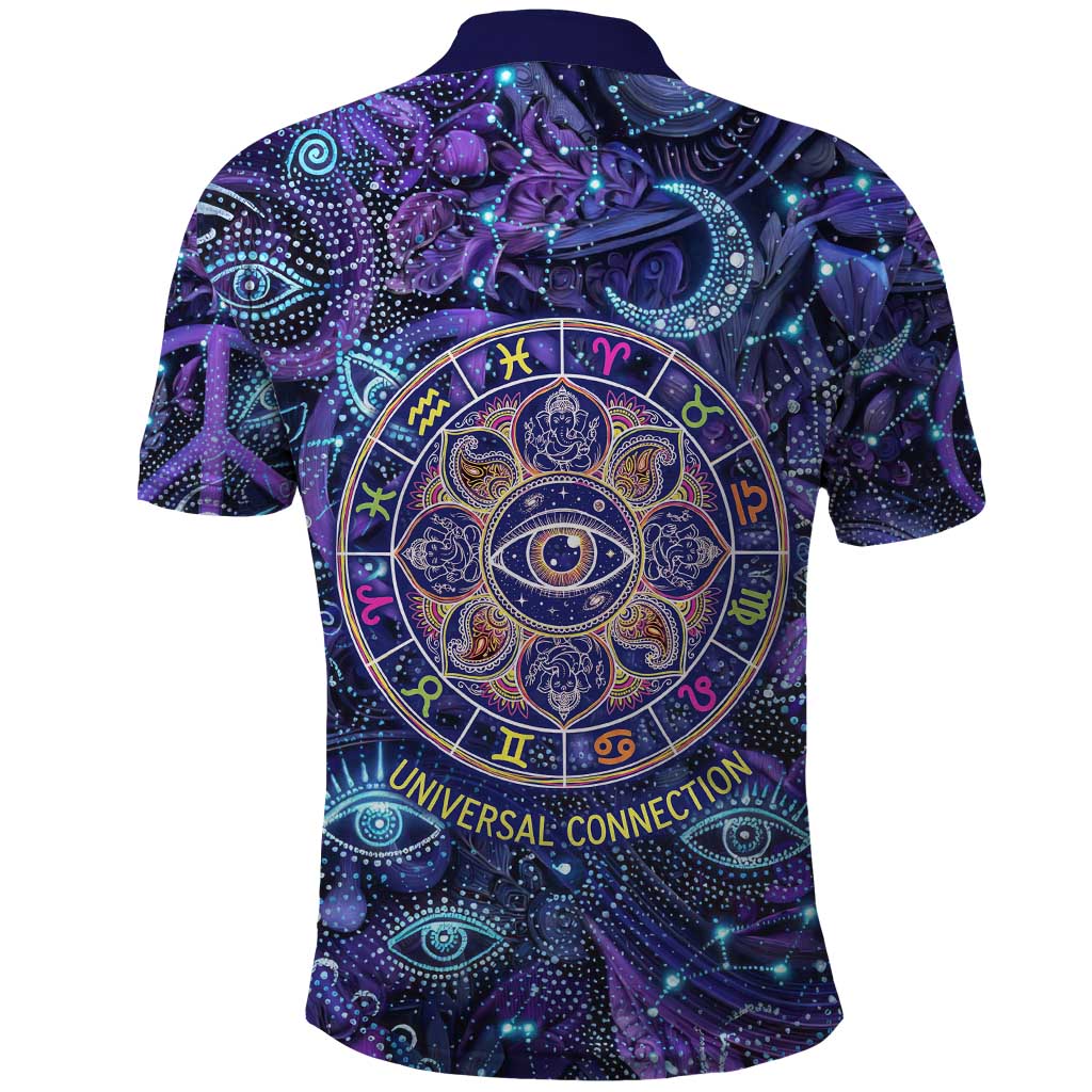 Universal Connection Zodiac Polo Shirt Cosmic Eye and Sacred Om Vibration