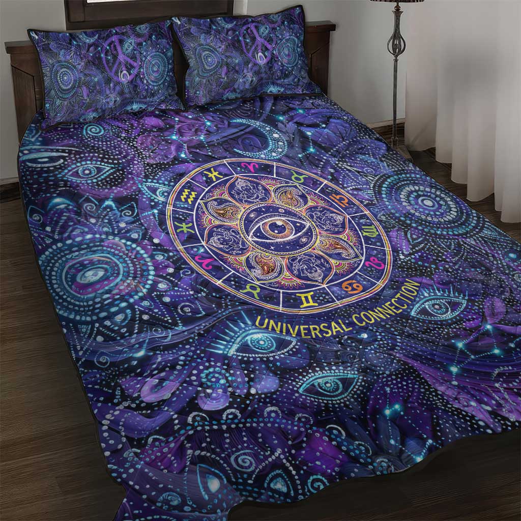 Universal Connection Zodiac Quilt Bed Set Cosmic Eye and Sacred Om Vibration