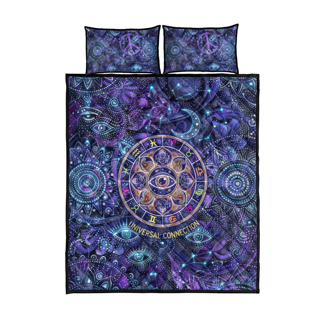 Universal Connection Zodiac Quilt Bed Set Cosmic Eye and Sacred Om Vibration