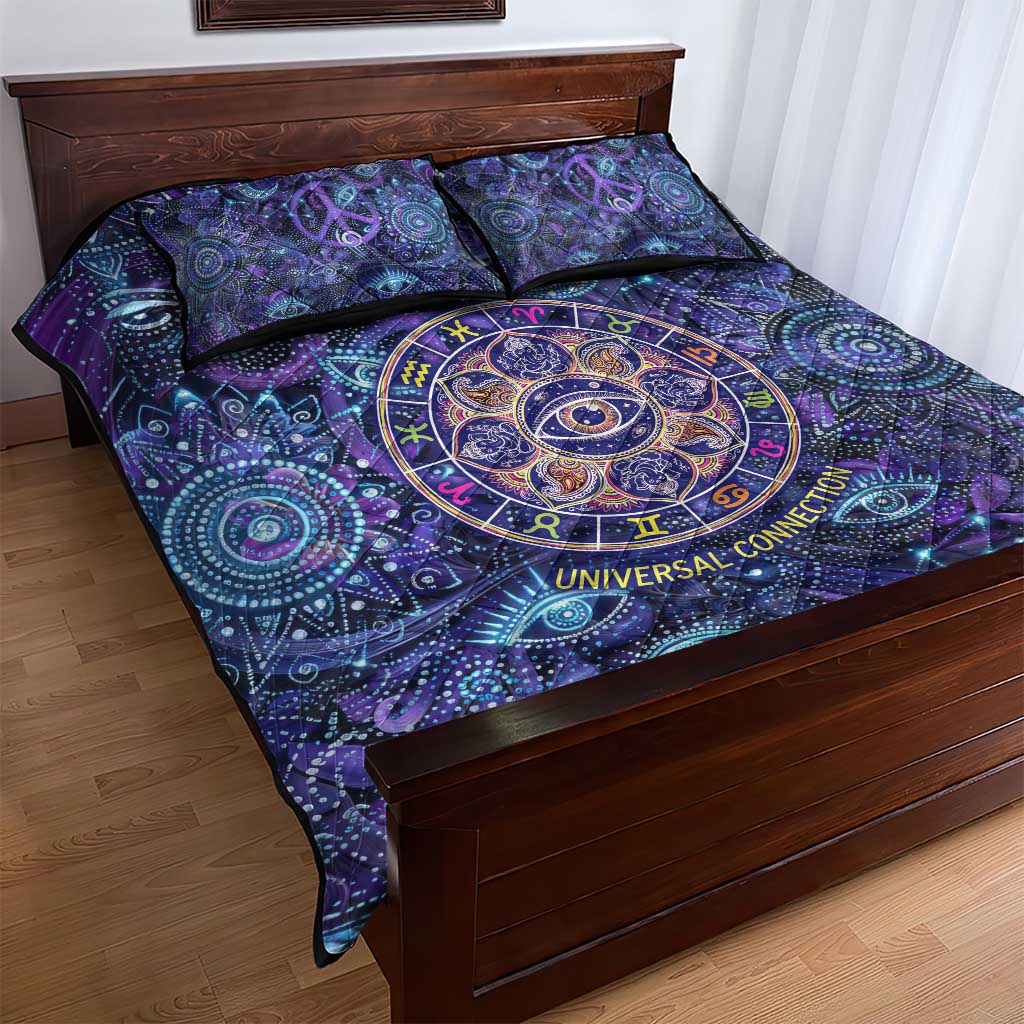 Universal Connection Zodiac Quilt Bed Set Cosmic Eye and Sacred Om Vibration