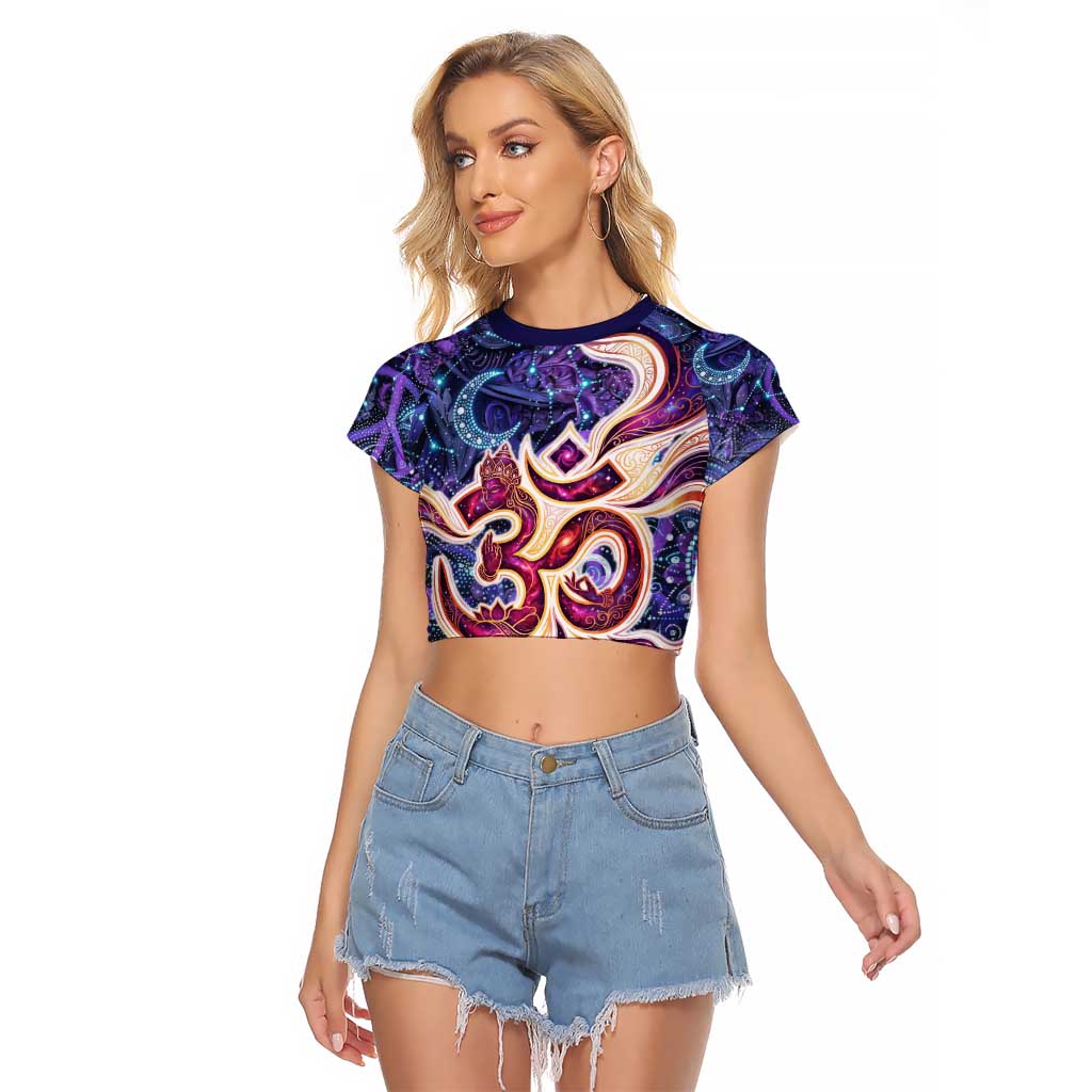 Universal Connection Zodiac Raglan Cropped T Shirt Cosmic Eye and Sacred Om Vibration