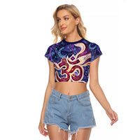 Universal Connection Zodiac Raglan Cropped T Shirt Cosmic Eye and Sacred Om Vibration