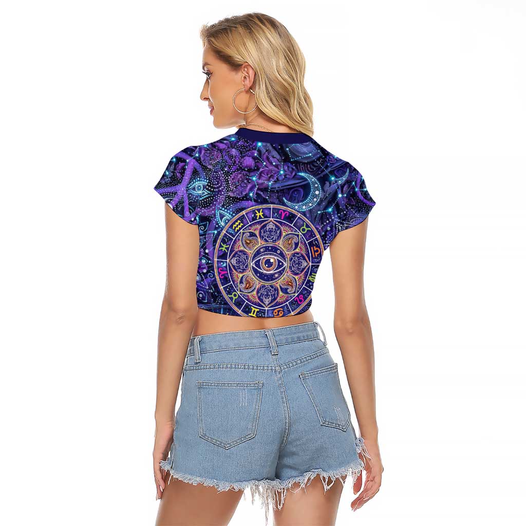 Universal Connection Zodiac Raglan Cropped T Shirt Cosmic Eye and Sacred Om Vibration