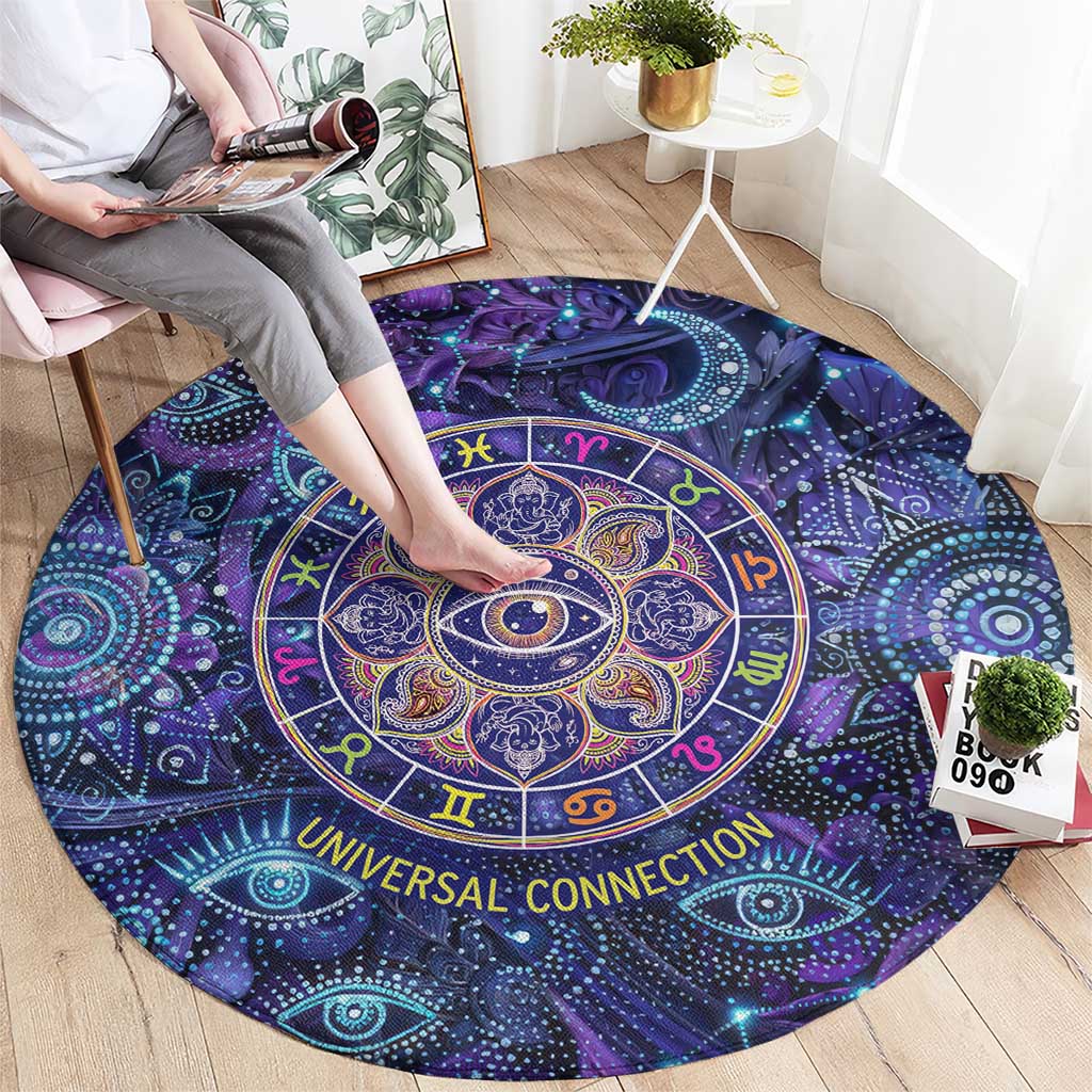 Universal Connection Zodiac Round Carpet Cosmic Eye and Sacred Om Vibration