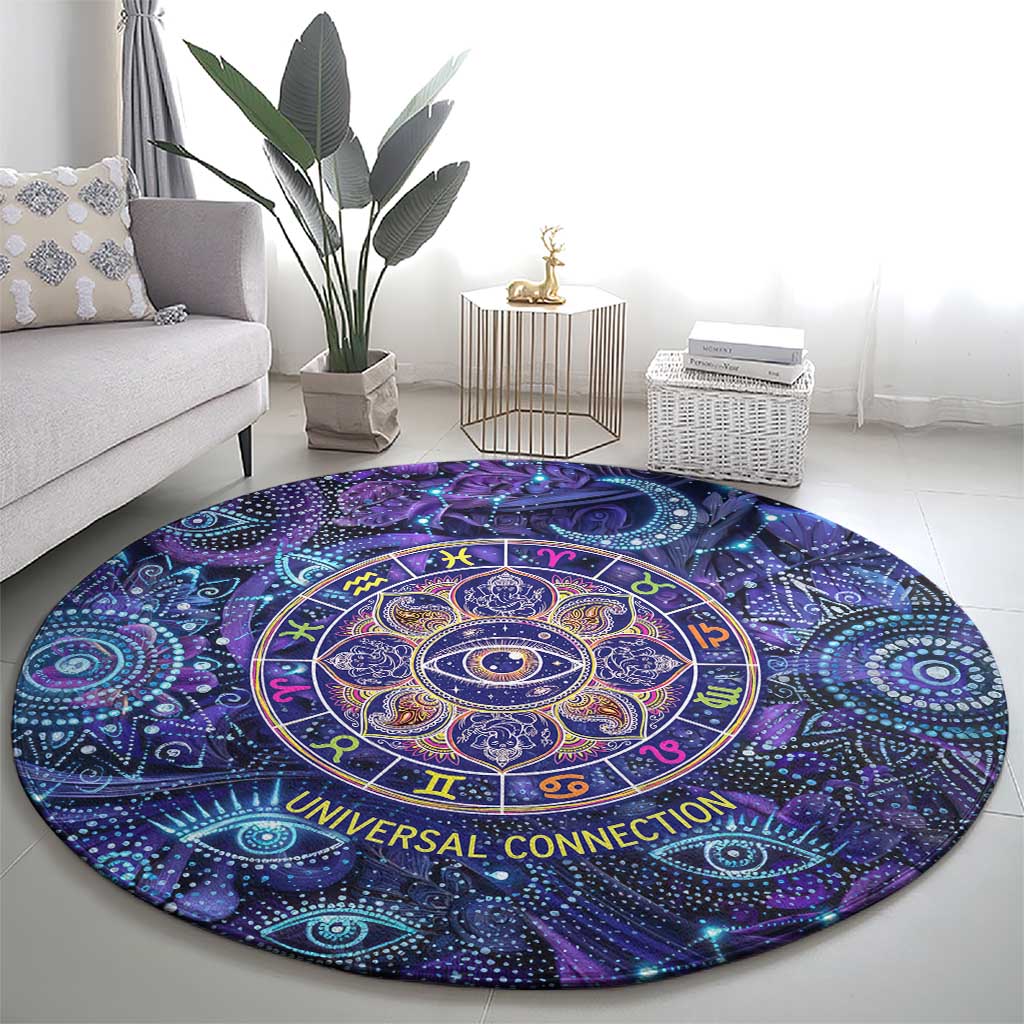 Universal Connection Zodiac Round Carpet Cosmic Eye and Sacred Om Vibration