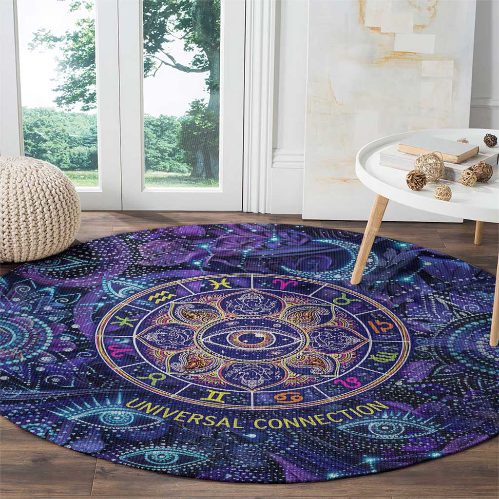 Universal Connection Zodiac Round Carpet Cosmic Eye and Sacred Om Vibration
