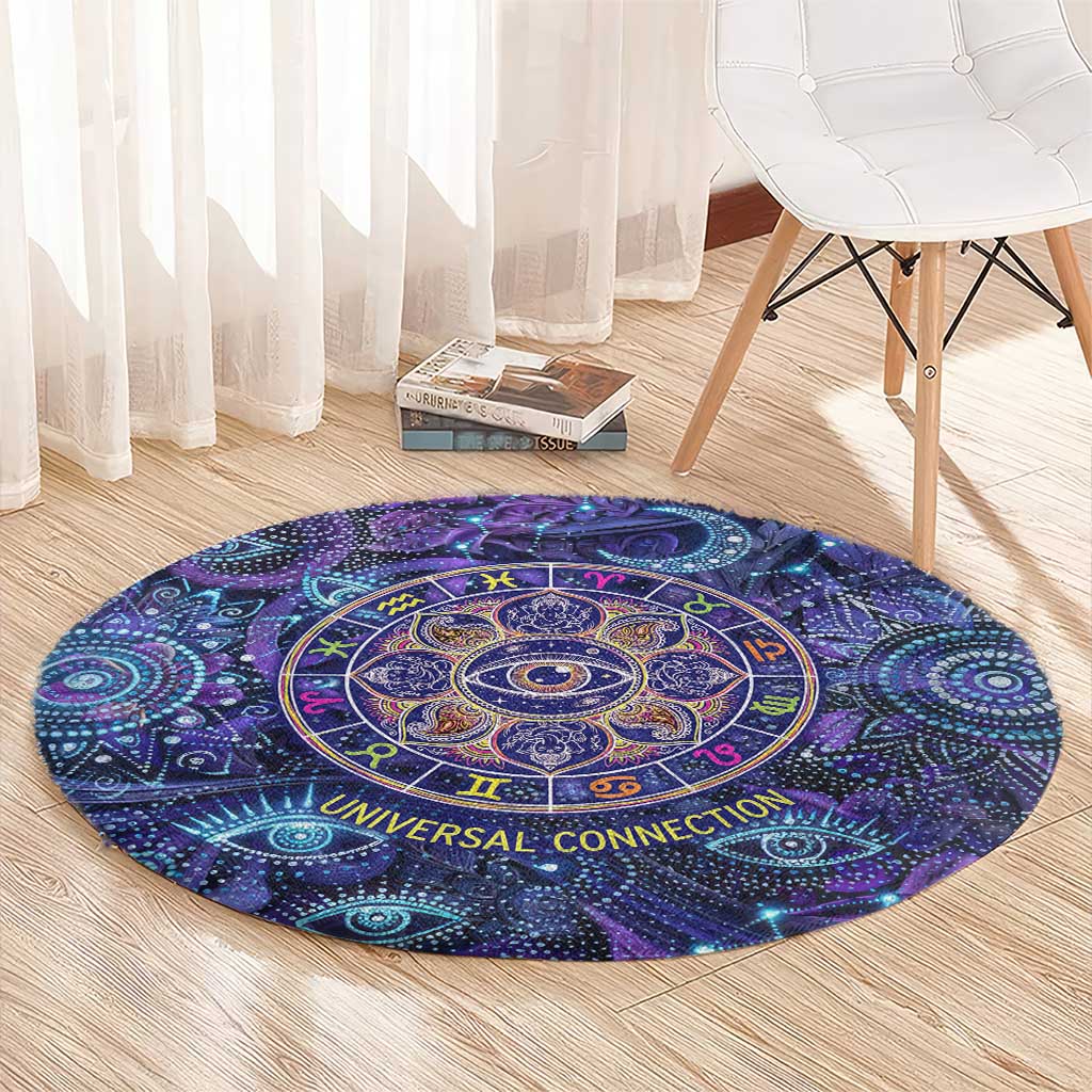 Universal Connection Zodiac Round Carpet Cosmic Eye and Sacred Om Vibration