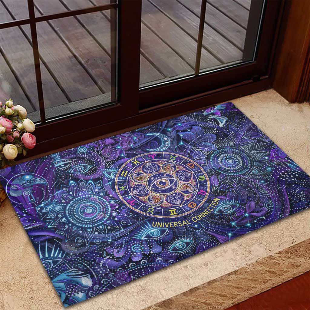 Universal Connection Zodiac Rubber Doormat Cosmic Eye and Sacred Om Vibration