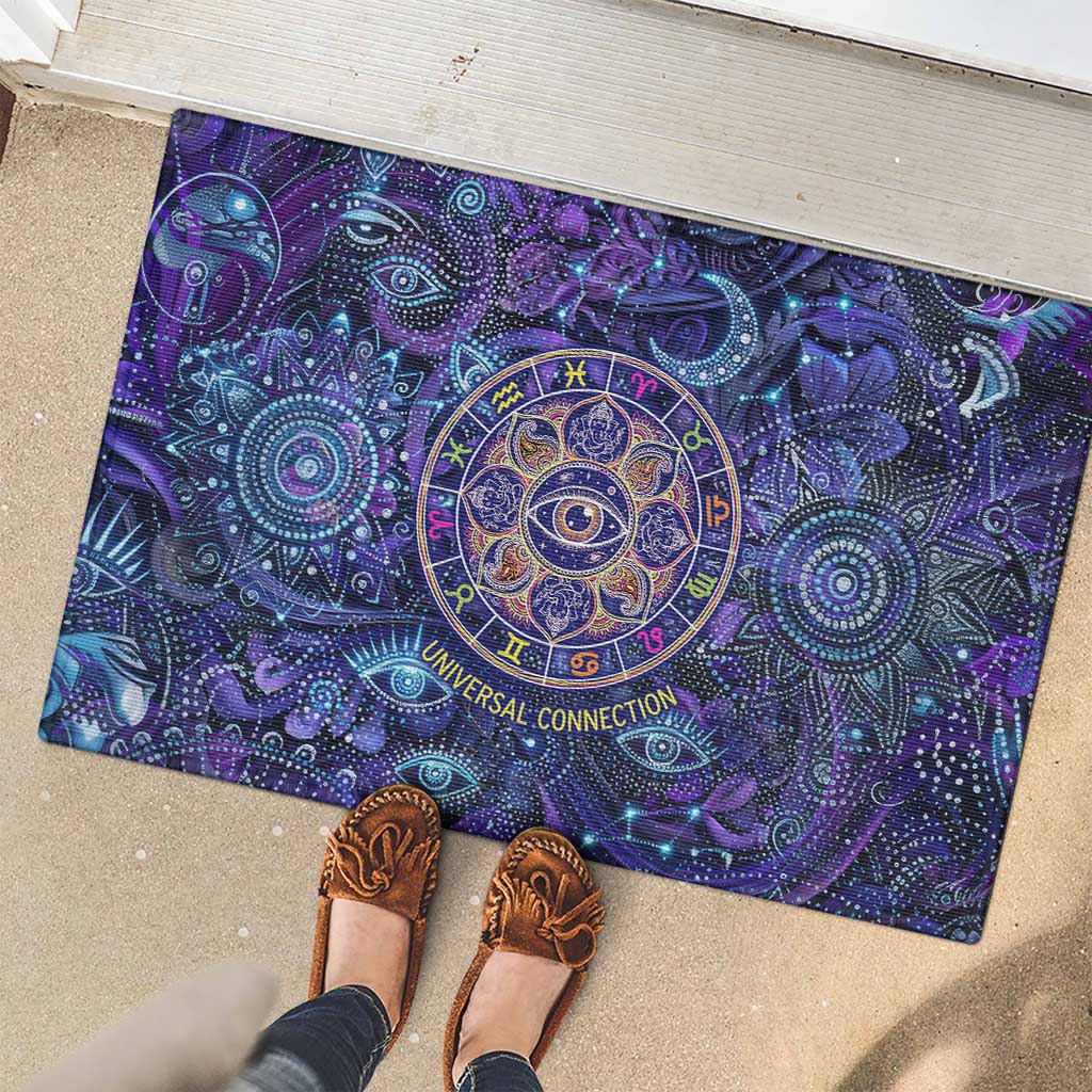 Universal Connection Zodiac Rubber Doormat Cosmic Eye and Sacred Om Vibration