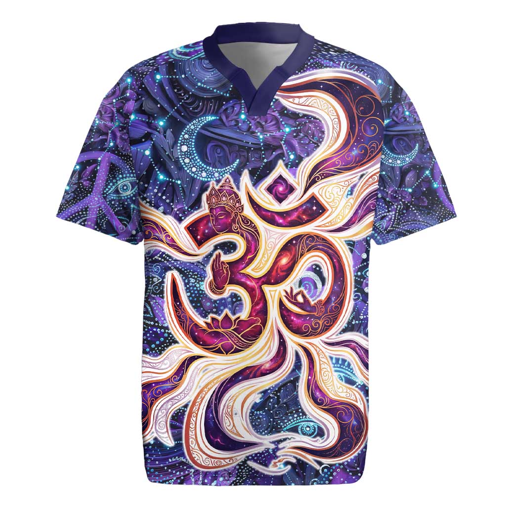 Universal Connection Zodiac Rugby Jersey Cosmic Eye and Sacred Om Vibration