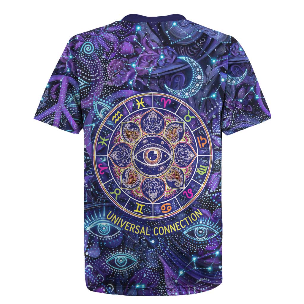 Universal Connection Zodiac Rugby Jersey Cosmic Eye and Sacred Om Vibration