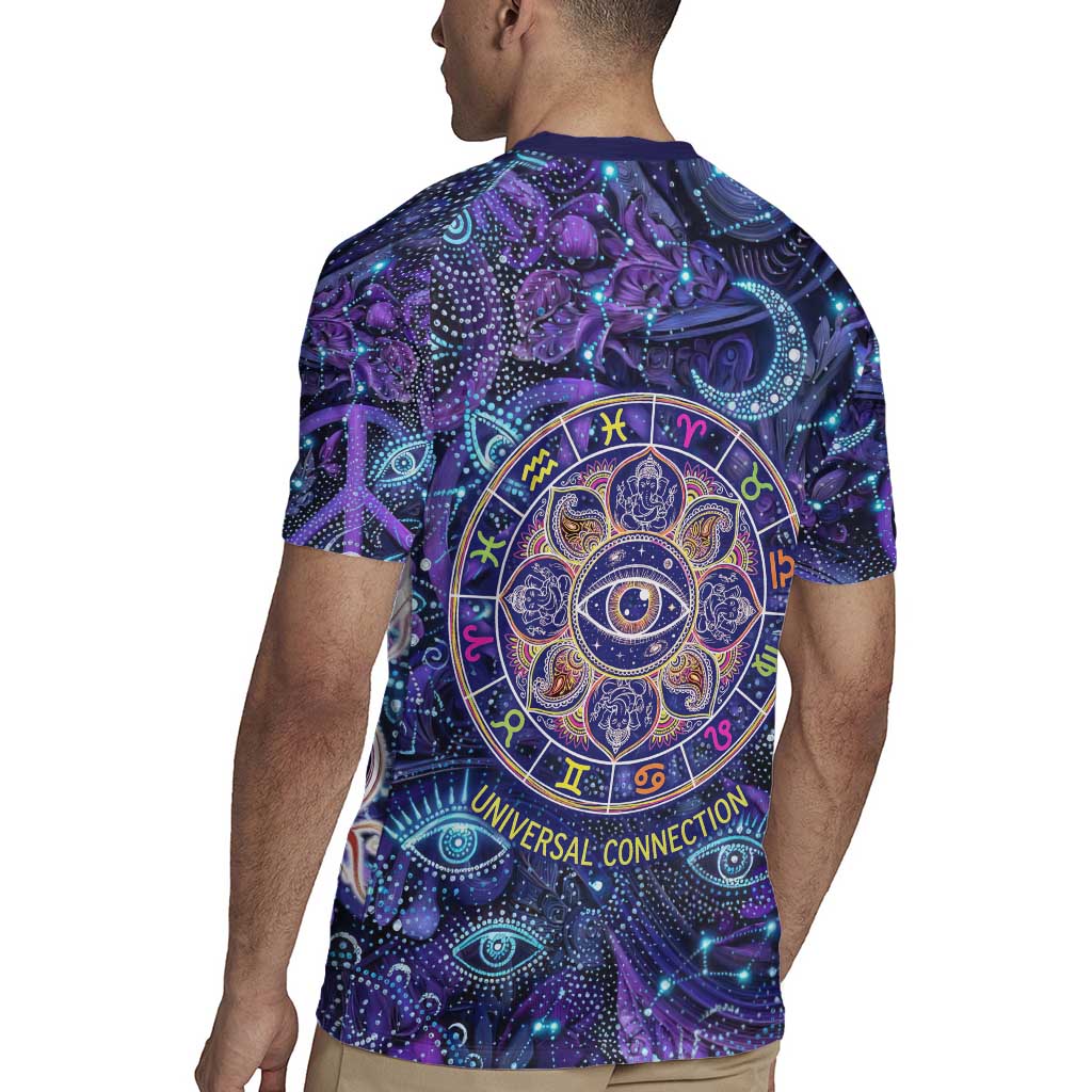 Universal Connection Zodiac Rugby Jersey Cosmic Eye and Sacred Om Vibration