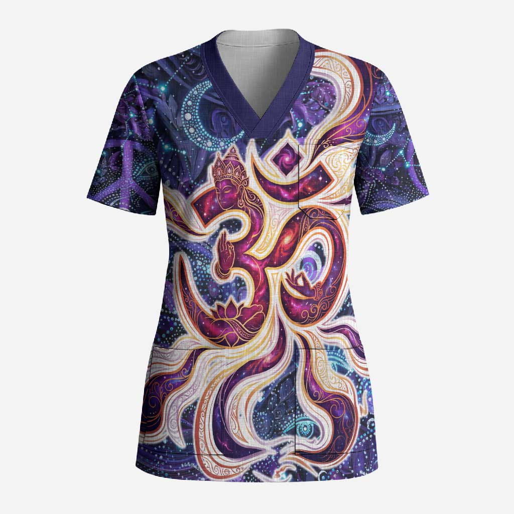 Universal Connection Zodiac Scrub Top Cosmic Eye and Sacred Om Vibration