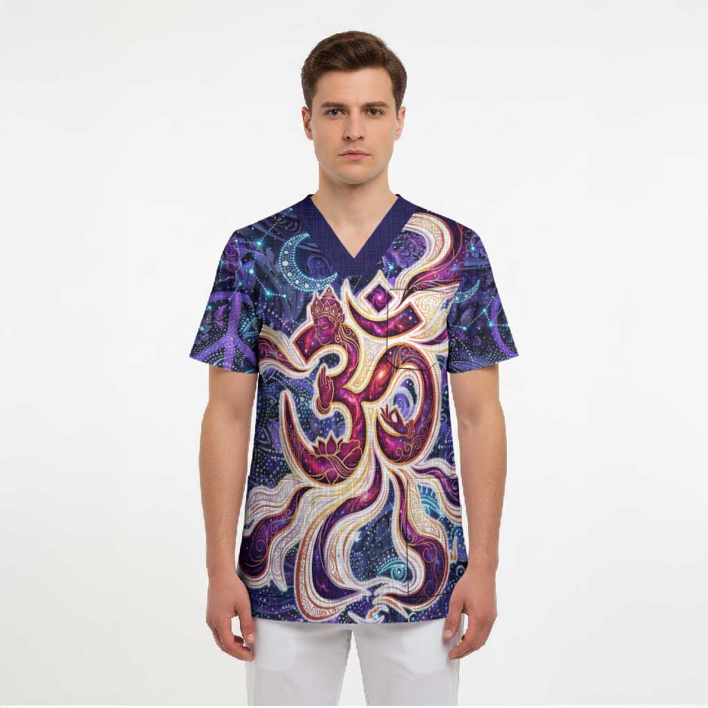 Universal Connection Zodiac Scrub Top Cosmic Eye and Sacred Om Vibration