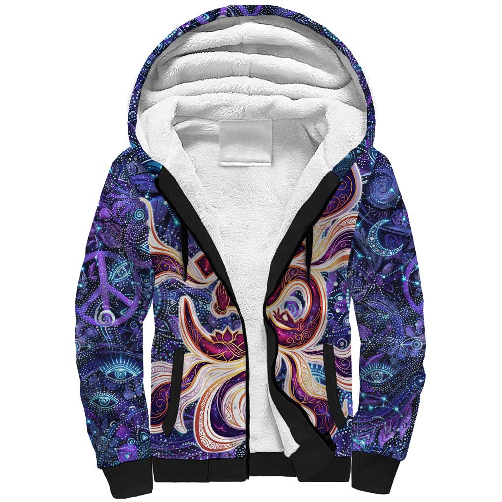 Universal Connection Zodiac Sherpa Hoodie Cosmic Eye and Sacred Om Vibration
