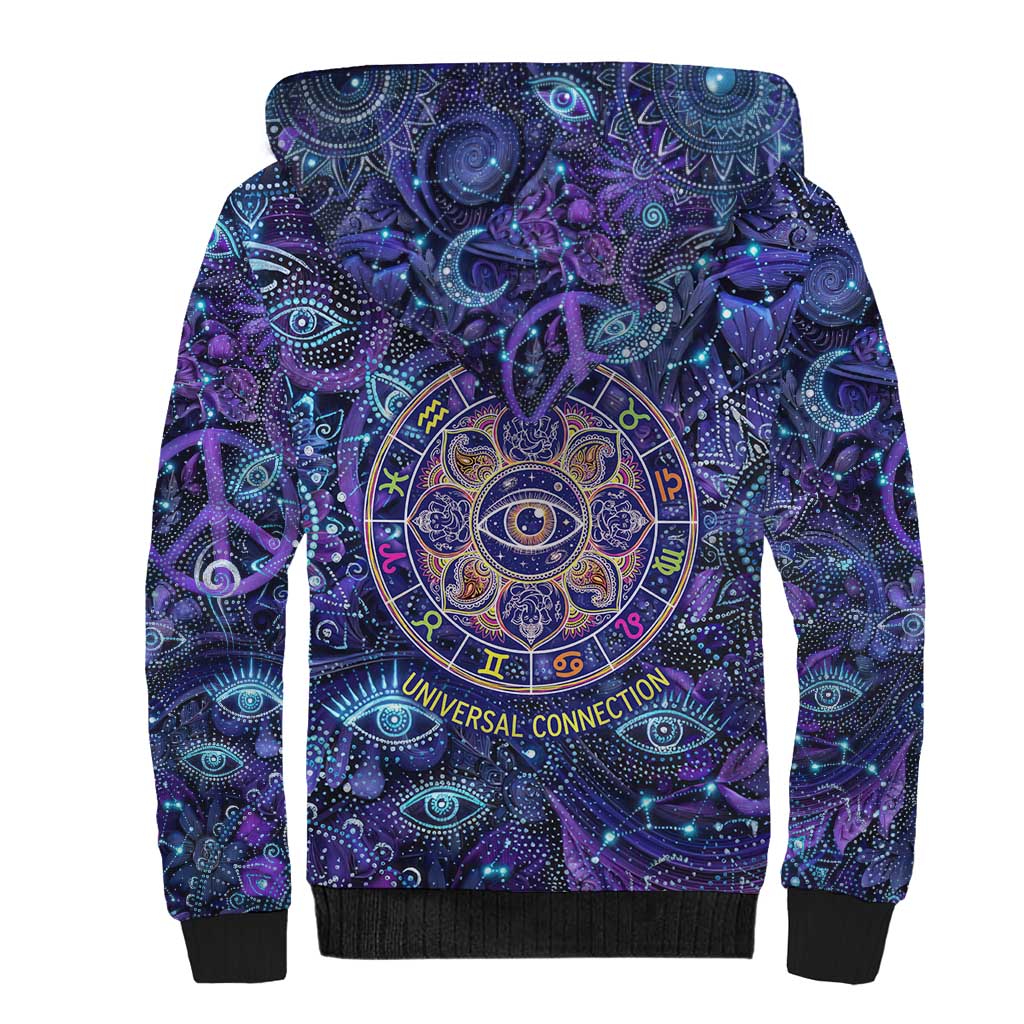 Universal Connection Zodiac Sherpa Hoodie Cosmic Eye and Sacred Om Vibration