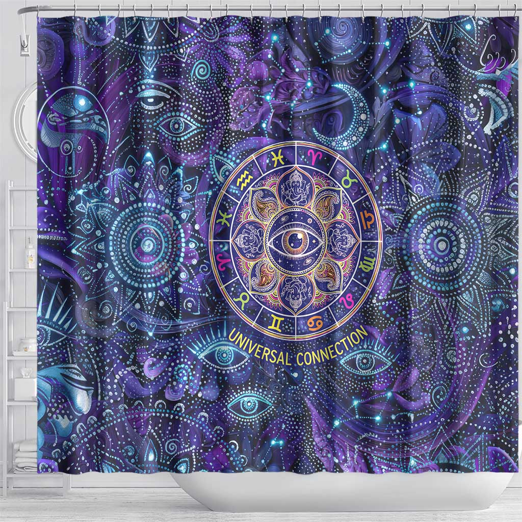 Universal Connection Zodiac Shower Curtain Cosmic Eye and Sacred Om Vibration